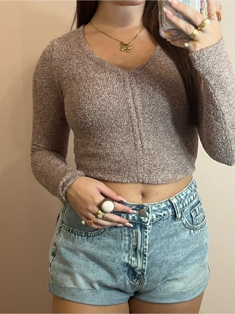 wild fable Mauve Textured V-Neck Cropped Long Sleeve Top